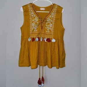 Altar’d State Embroidered Tassel Mustard Yellow Tank Top Blouse Size Medium